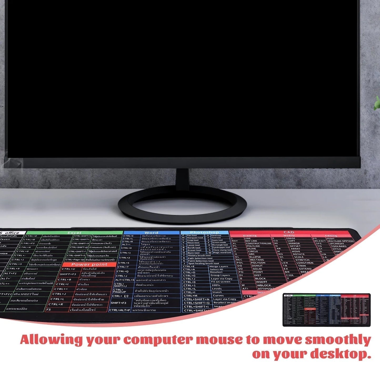 Mouse Pad with English Shortcut Keys Keyboard (Large Size)