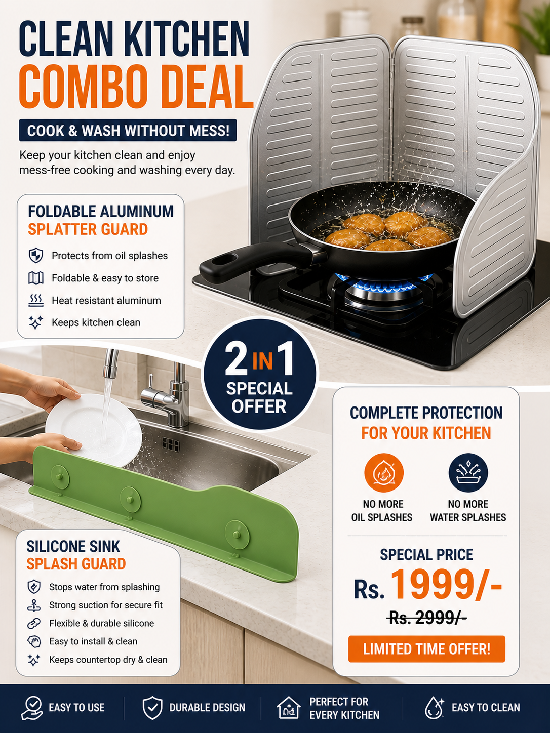 Foldable Aluminum Splatter Guard- Silicon Sink Splash Guard